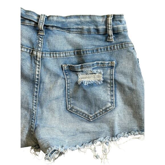 Shein Distressed Jean Shorts Medium Blue Cutoff Raw Hem High Rise Denim Summer - Picture 5 of 6